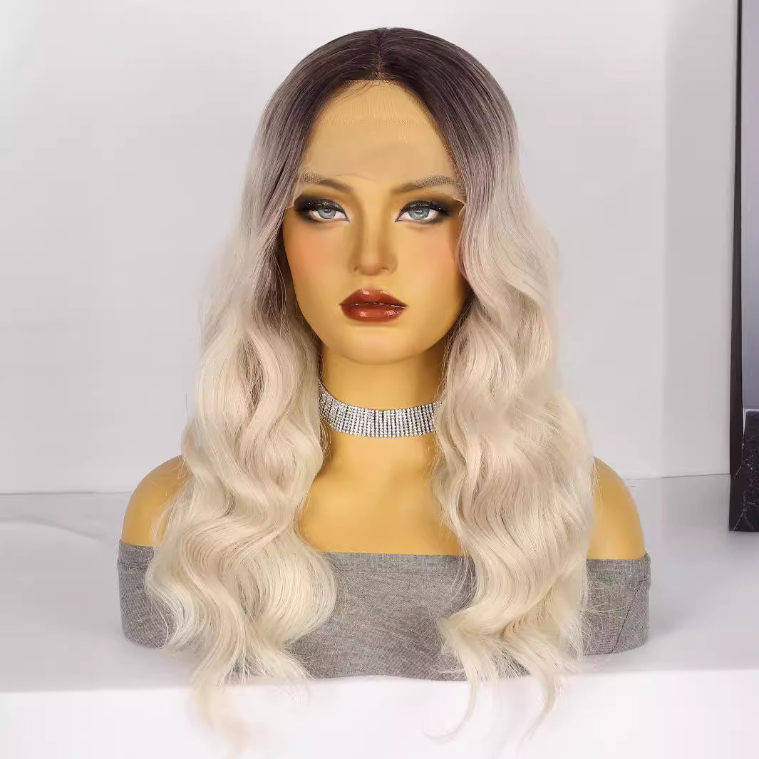 Light Gray Cruella Black White Ombre Lace Wig - Gothic Glamour (Long Wavy T-Part) (FEVERCOS)