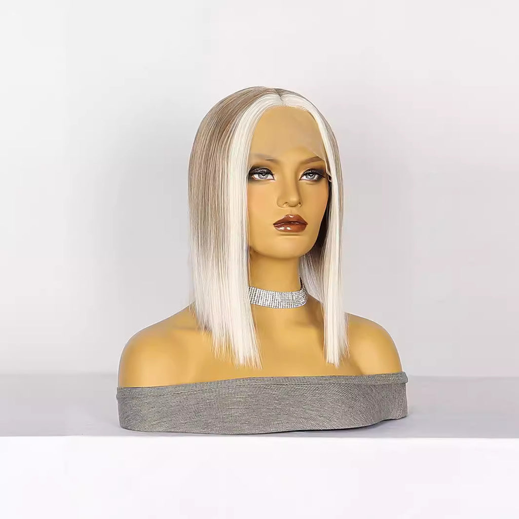 Light Gray Sleek T-Part Lace Bob Wig - Minimalist Chic (Short Straight Middle Part) (FEVERCOS)