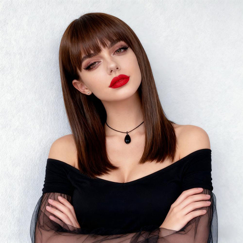 Brown Mid-Length Straight Wig - Everyday Fashion (Classic Bangs) (FEVERCOS)