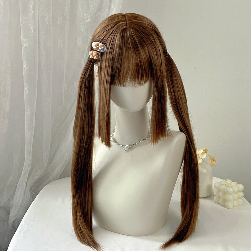 Dark Gray Brown Twin Tails Hime Cut Wig - Lolita Fashion (Long Straight JK Style) (FEVERCOS)