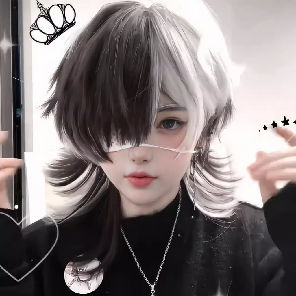 Black Black White Wolf Cut Mullet Wig - Halloween Collection (Highlight Spiky) (FEVERCOS)