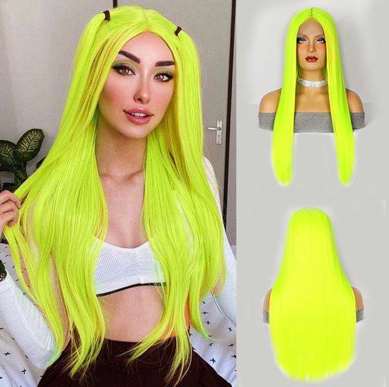 Gray Neon Green Straight Lace Wig - Rave Collection (Long Middle Part) (FEVERCOS)