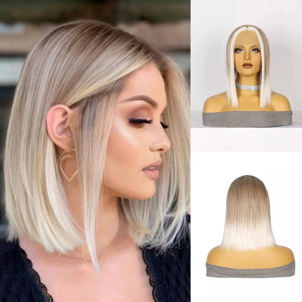 White Smoke Sleek T-Part Lace Bob Wig - Minimalist Chic (Short Straight Middle Part) (FEVERCOS)