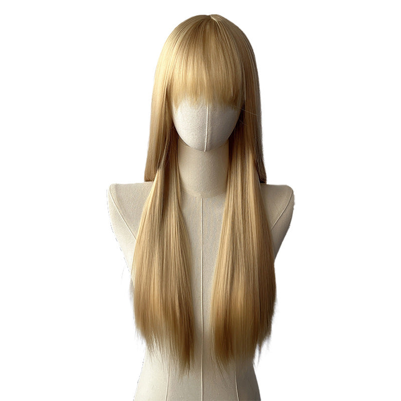 Beige Blonde Long Straight Wig - Everyday Fashion (Classic Bangs) (FEVERCOS)