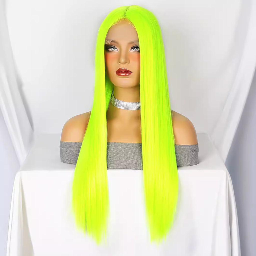 White Smoke Neon Green Straight Lace Wig - Rave Collection (Long Middle Part) (FEVERCOS)