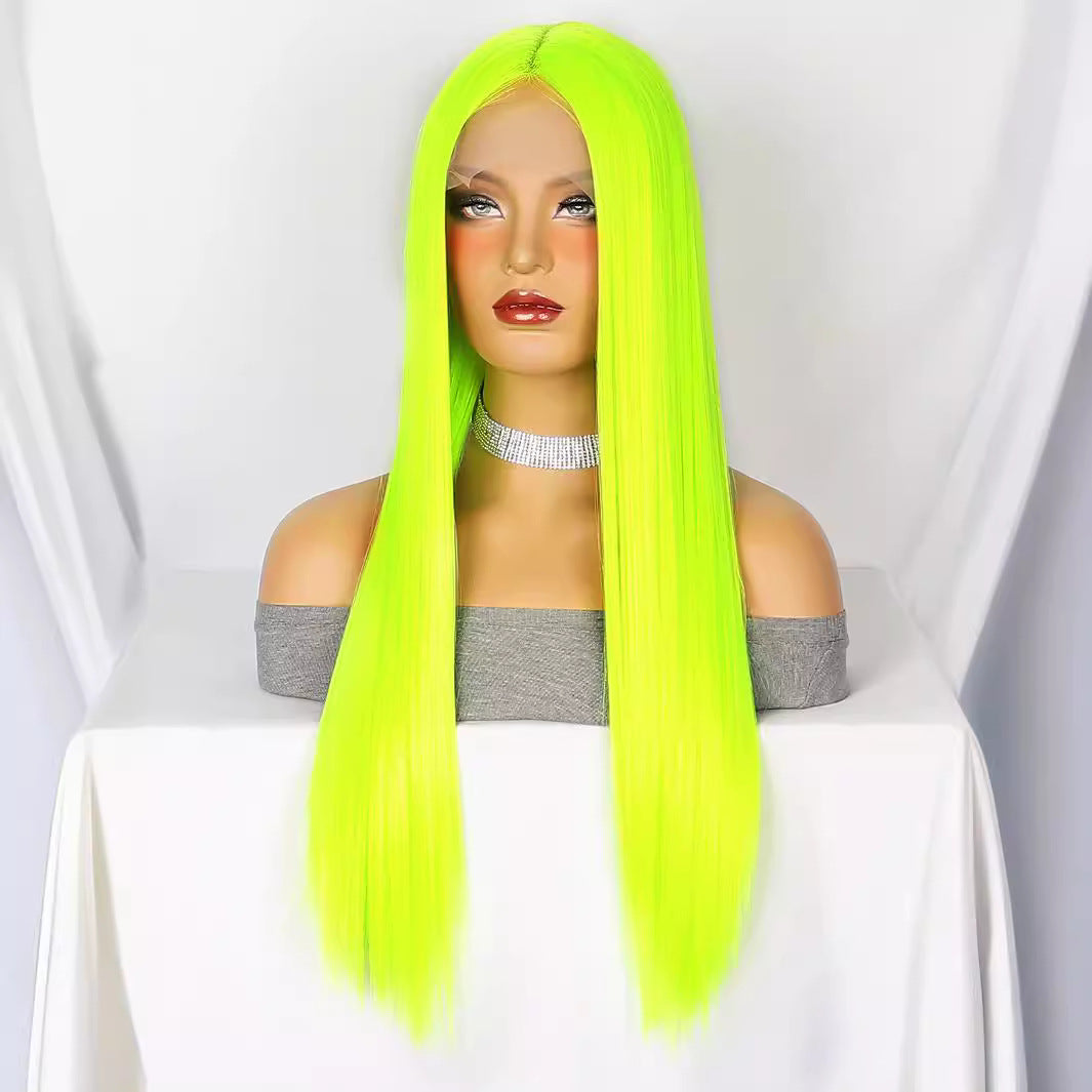 White Smoke Neon Green Straight Lace Wig - Rave Collection (Long Middle Part) (FEVERCOS)