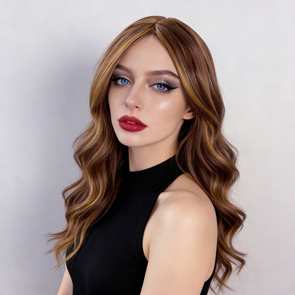 Light Gray Brown Gold Highlight Mid-Length Wavy Wig - Everyday Fashion (Middle Part) (FEVERCOS)