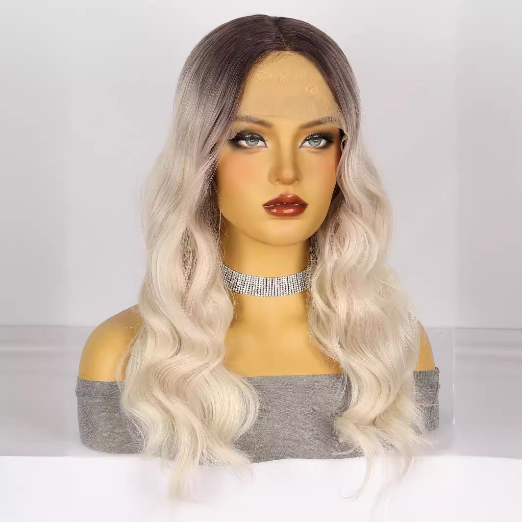 Light Gray Cruella Black White Ombre Lace Wig - Gothic Glamour (Long Wavy T-Part) (FEVERCOS)