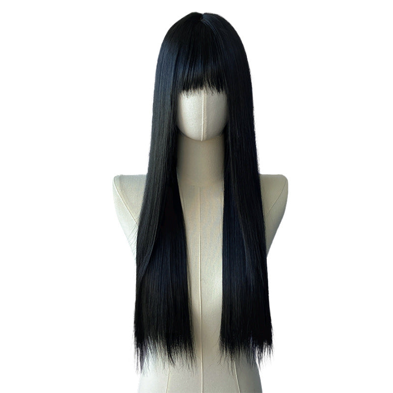 Black Long Straight Wig - Everyday Fashion (Blunt Bangs) (FEVERCOS)