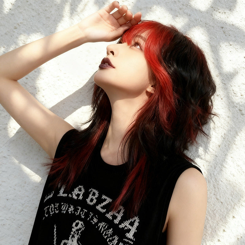 Black Black Red Wolf Cut Mullet Wig - Subculture Fashion (Highlight Wavy) (FEVERCOS)