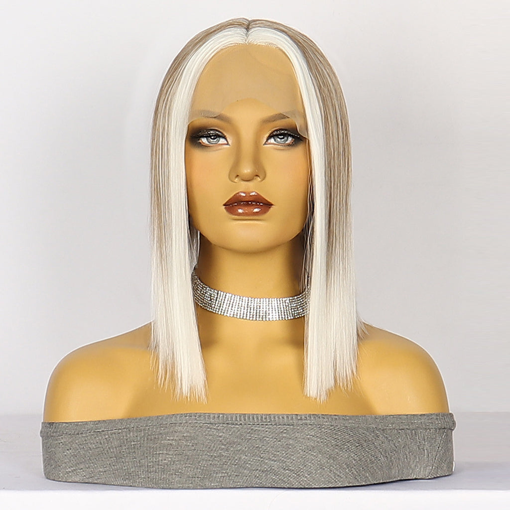 Light Gray Sleek T-Part Lace Bob Wig - Minimalist Chic (Short Straight Middle Part) (FEVERCOS)
