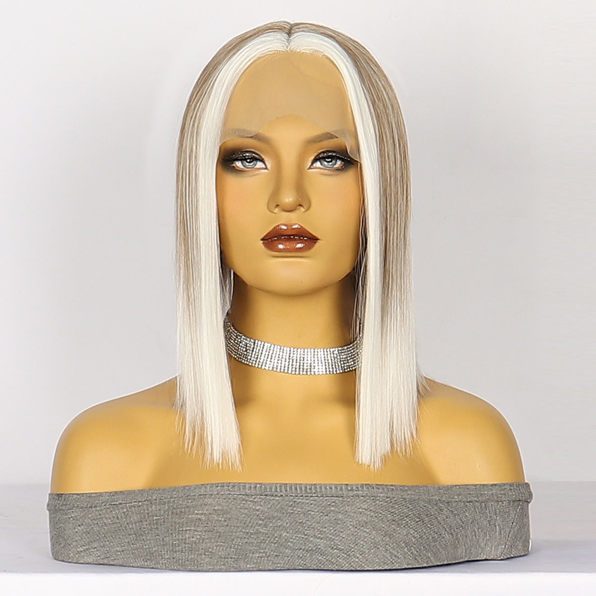 Light Gray Sleek T-Part Lace Bob Wig - Minimalist Chic (Short Straight Middle Part) (FEVERCOS)