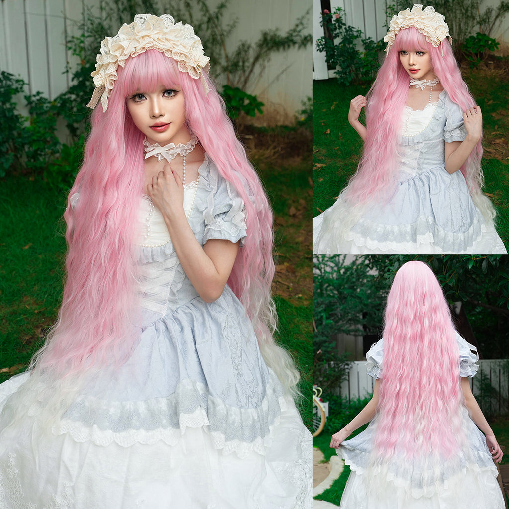 Light Gray Cute Light Blonde Wool Curl Wig - Lolita Fashion (Super Long Bangs) (FEVERCOS)