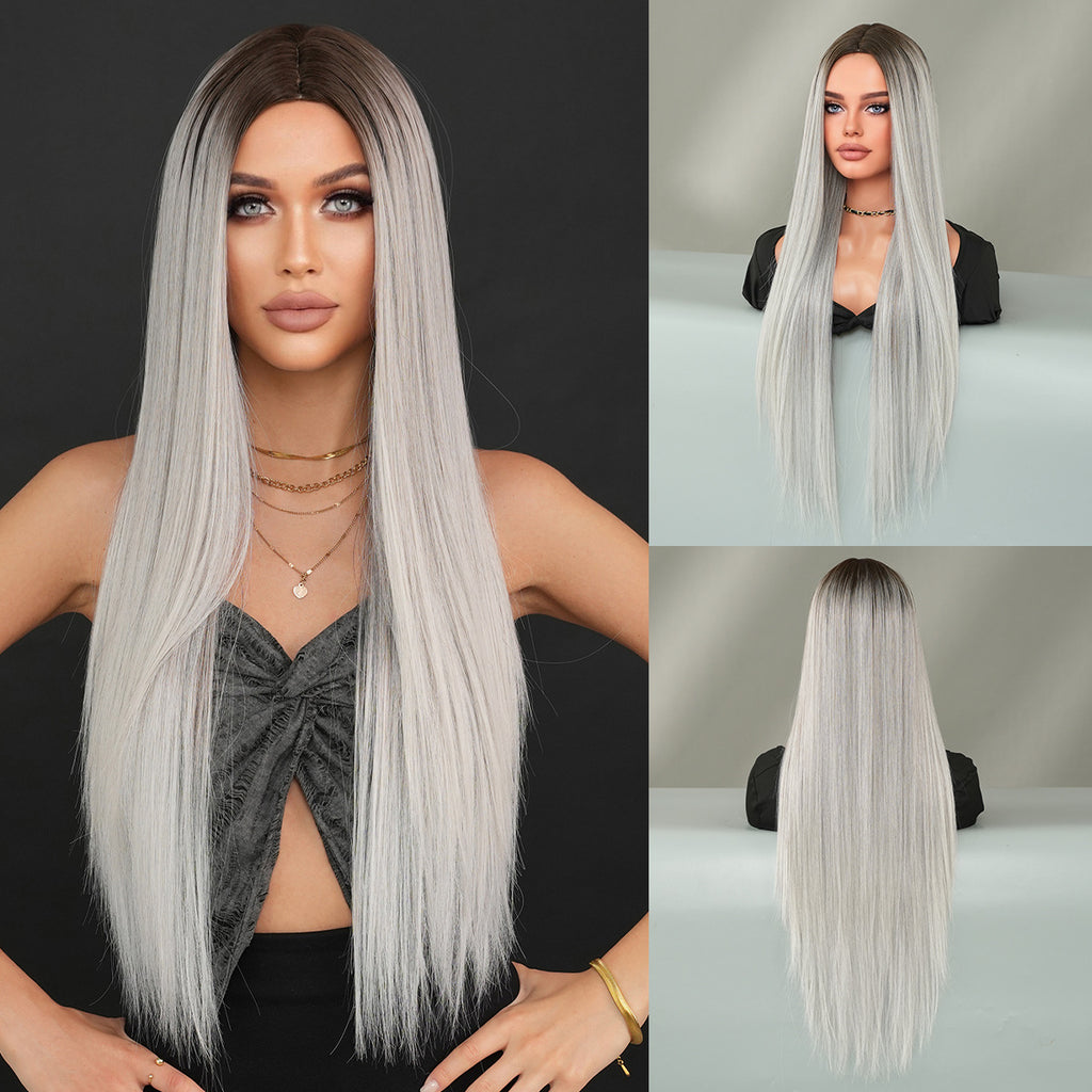 Dark Slate Gray Nordic Blonde Gradient Wig - Everyday Fashion (Super Long Middle Part) (FEVERCOS)