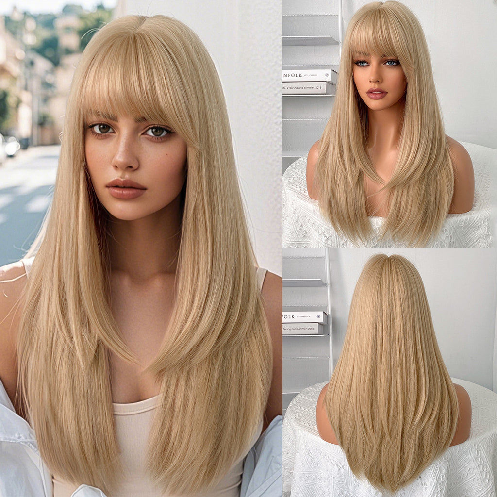 Dim Gray Light Golden Blonde Wig - Everyday Fashion (Long Layered Bangs) (FEVERCOS)