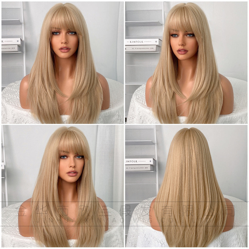 Gray Light Golden Blonde Wig - Everyday Fashion (Long Layered Bangs) (FEVERCOS)