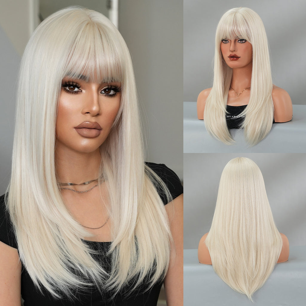 Dark Gray Light Golden Blonde Wig - Everyday Fashion (Long Layered Bangs) (FEVERCOS)