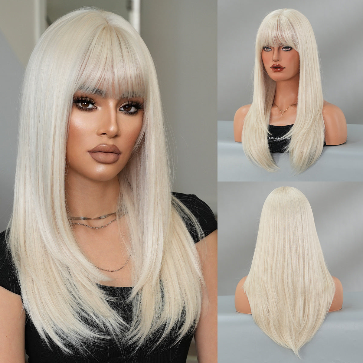 Dark Gray Light Golden Blonde Wig - Everyday Fashion (Long Layered Bangs) (FEVERCOS)