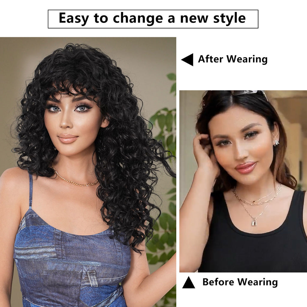 White Smoke Deep Wave Black Curl Wig - Street Fashion (Long Bouncy Wispy Bangs) (FEVERCOS)