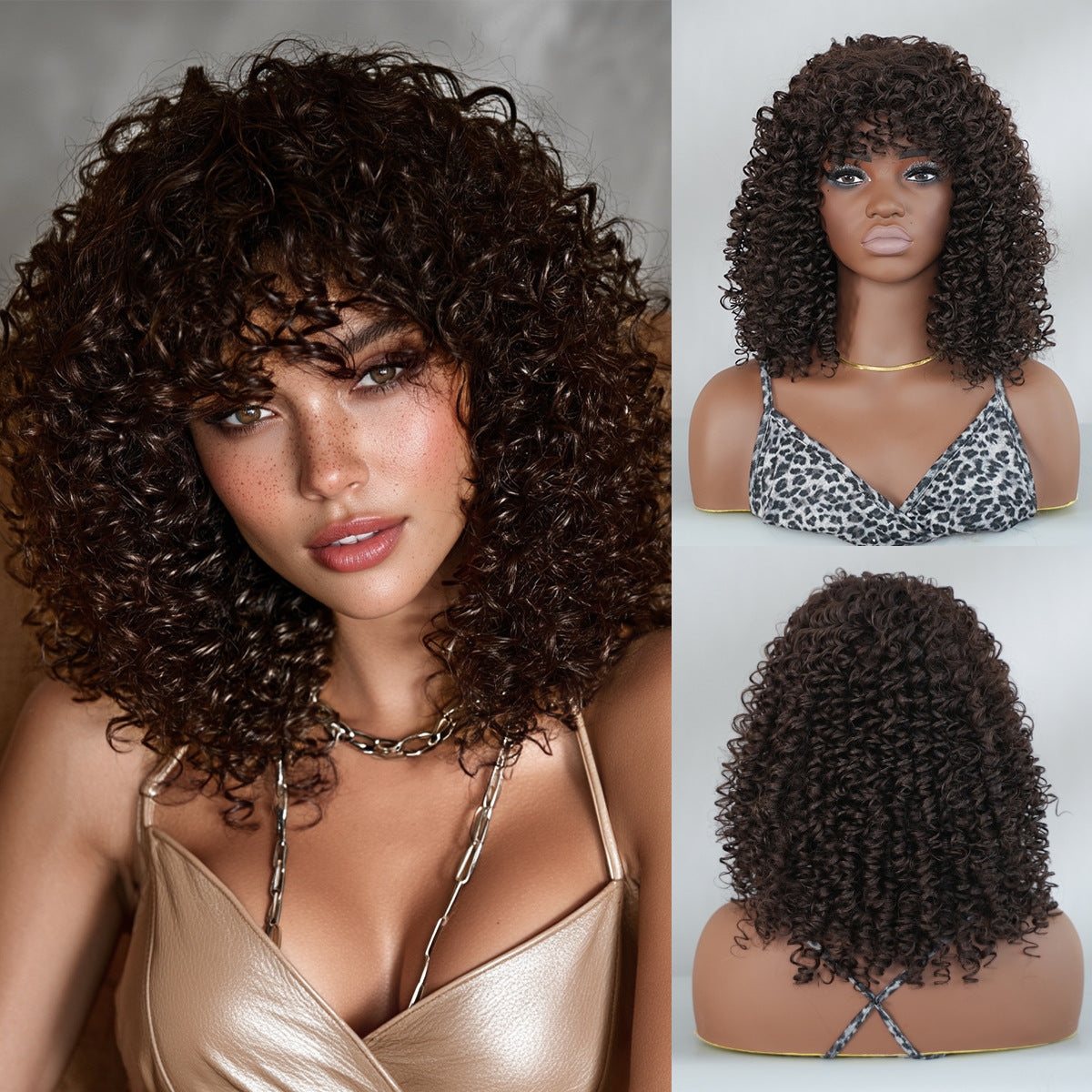 Black Deep Wave Black Curl Wig - Street Fashion (Long Bouncy Wispy Bangs) (FEVERCOS)