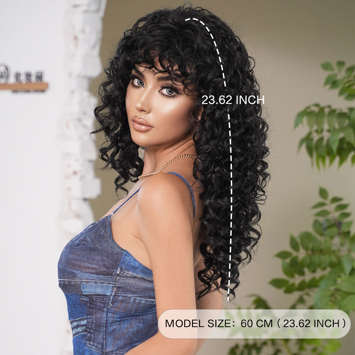 Lavender Deep Wave Black Curl Wig - Street Fashion (Long Bouncy Wispy Bangs) (FEVERCOS)