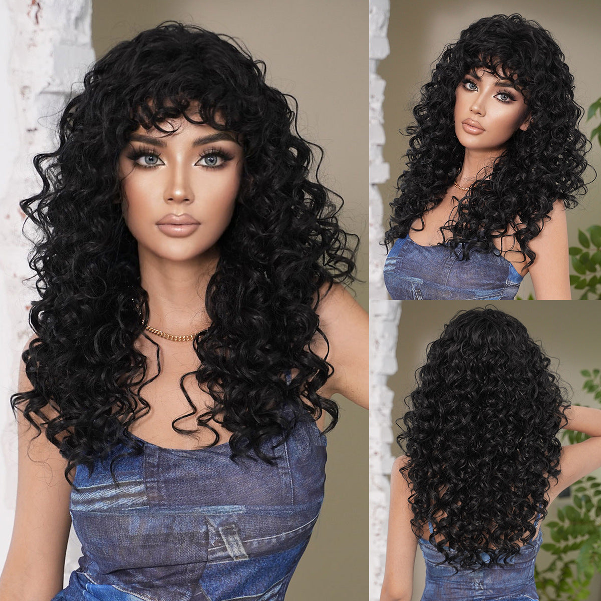 Black Deep Wave Black Curl Wig - Street Fashion (Long Bouncy Wispy Bangs) (FEVERCOS)