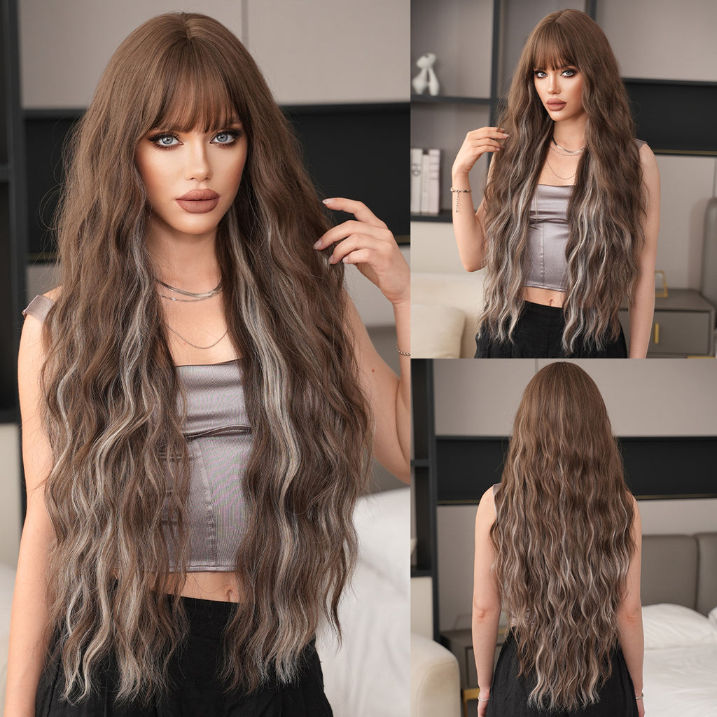 Dark Olive Green 36-Inch Wavy Highlight Wig - Everyday Fashion (Brown Ash Grey Bangs) (FEVERCOS)