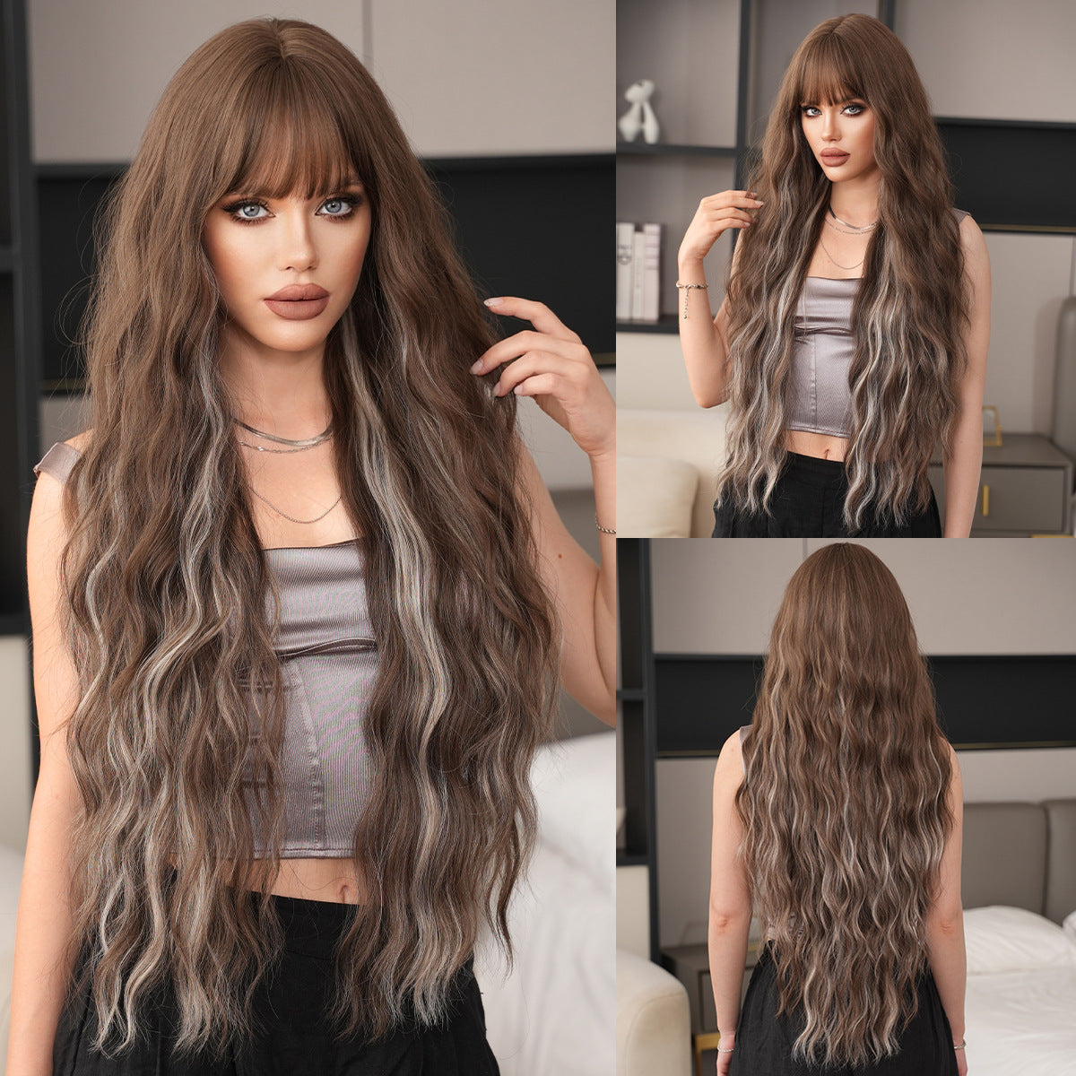 Dark Olive Green 36-Inch Wavy Highlight Wig - Everyday Fashion (Brown Ash Grey Bangs) (FEVERCOS)