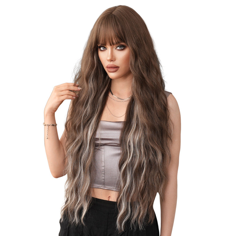 White Smoke 36-Inch Wavy Highlight Wig - Everyday Fashion (Brown Ash Grey Bangs) (FEVERCOS)