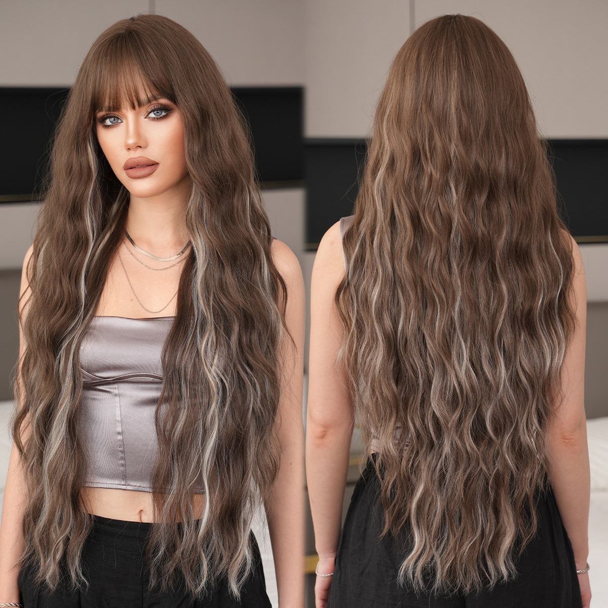 Dark Olive Green 36-Inch Wavy Highlight Wig - Everyday Fashion (Brown Ash Grey Bangs) (FEVERCOS)