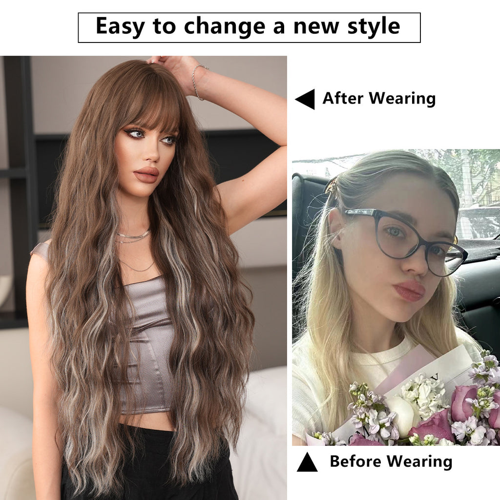 White Smoke 36-Inch Wavy Highlight Wig - Everyday Fashion (Brown Ash Grey Bangs) (FEVERCOS)