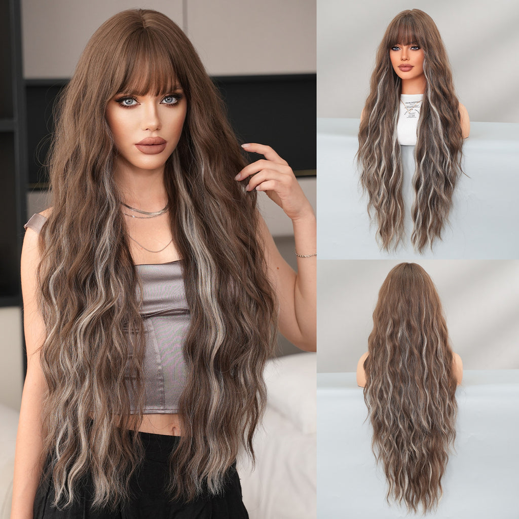 Light Gray 36-Inch Wavy Highlight Wig - Everyday Fashion (Brown Ash Grey Bangs) (FEVERCOS)