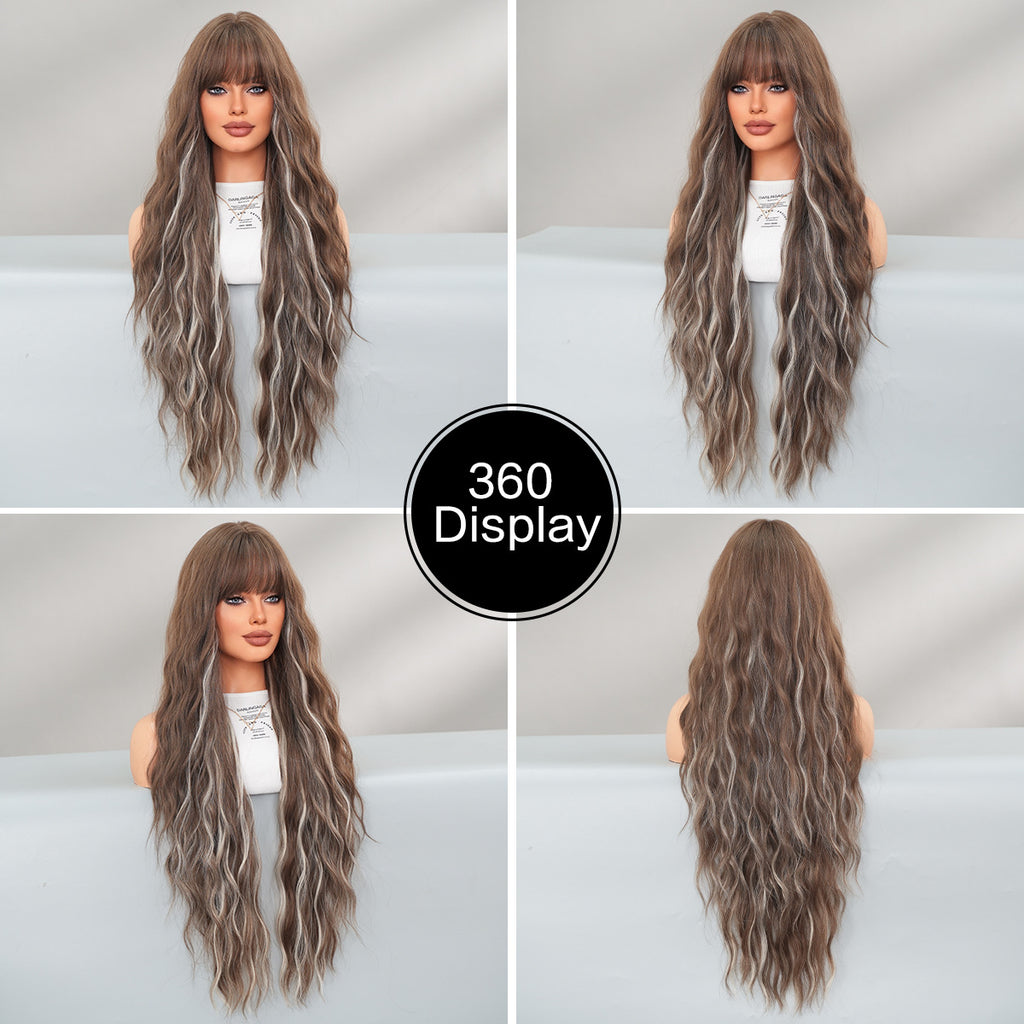 Gray 36-Inch Wavy Highlight Wig - Everyday Fashion (Brown Ash Grey Bangs) (FEVERCOS)