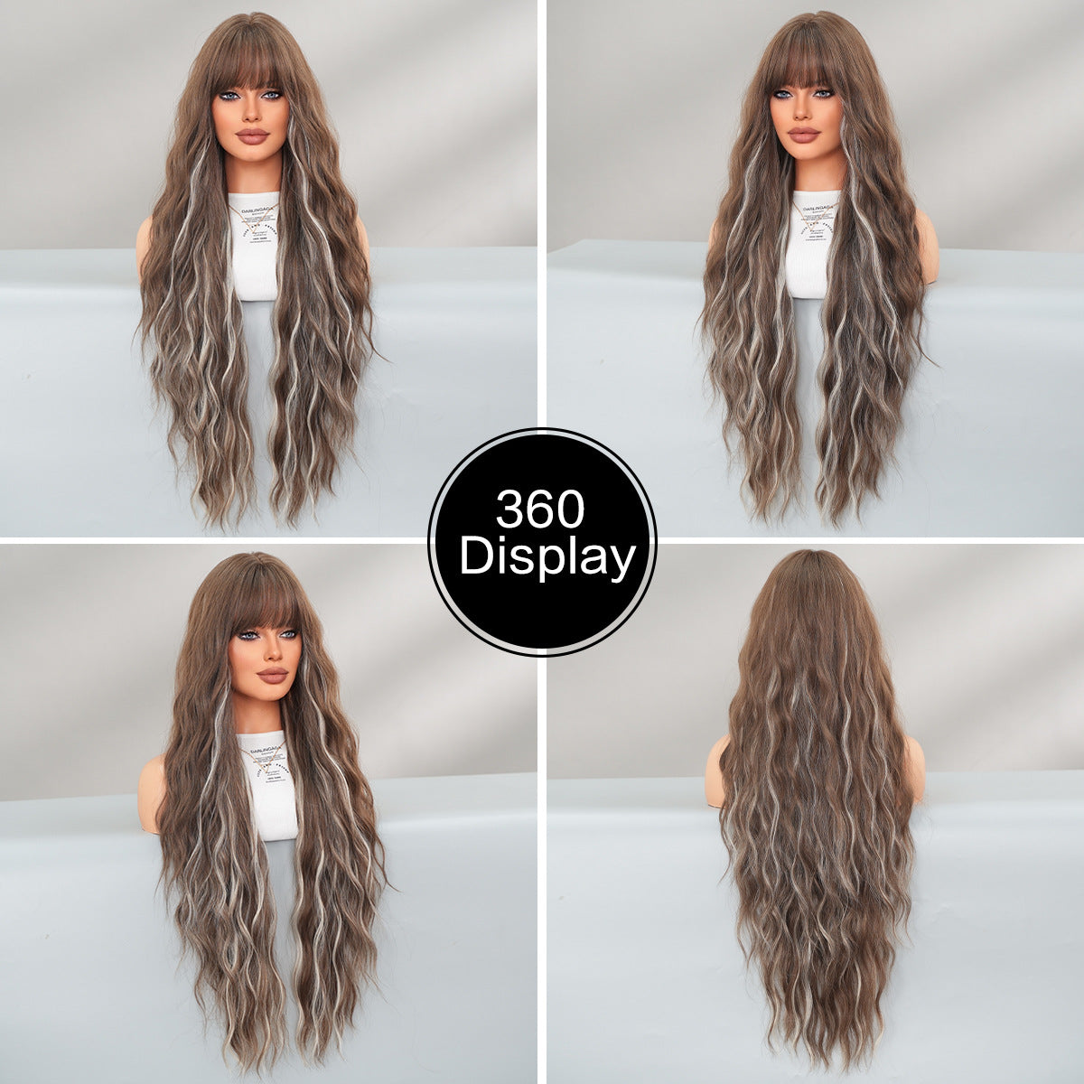 Gray 36-Inch Wavy Highlight Wig - Everyday Fashion (Brown Ash Grey Bangs) (FEVERCOS)