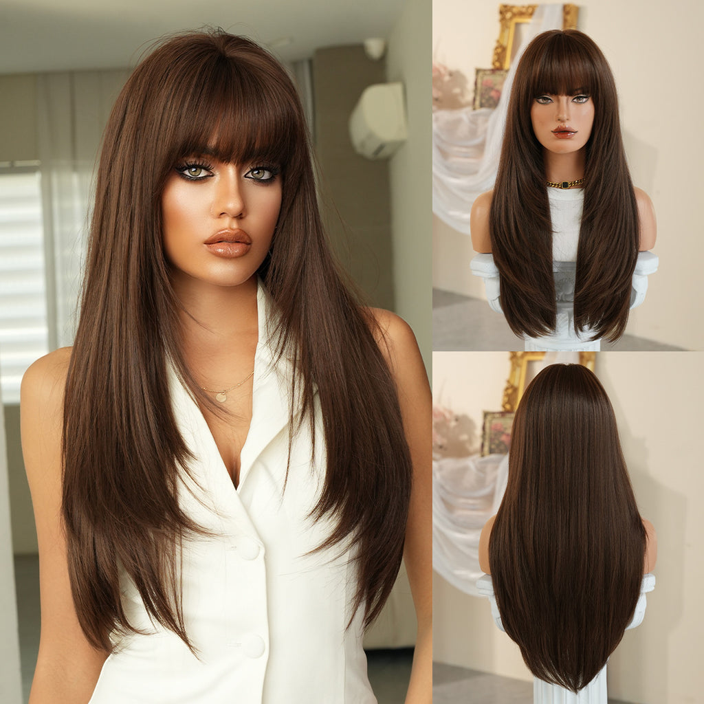 Gray Voluminous Long Straight Wig - Everyday Fashion (Layered Fluffy Bangs) (FEVERCOS)