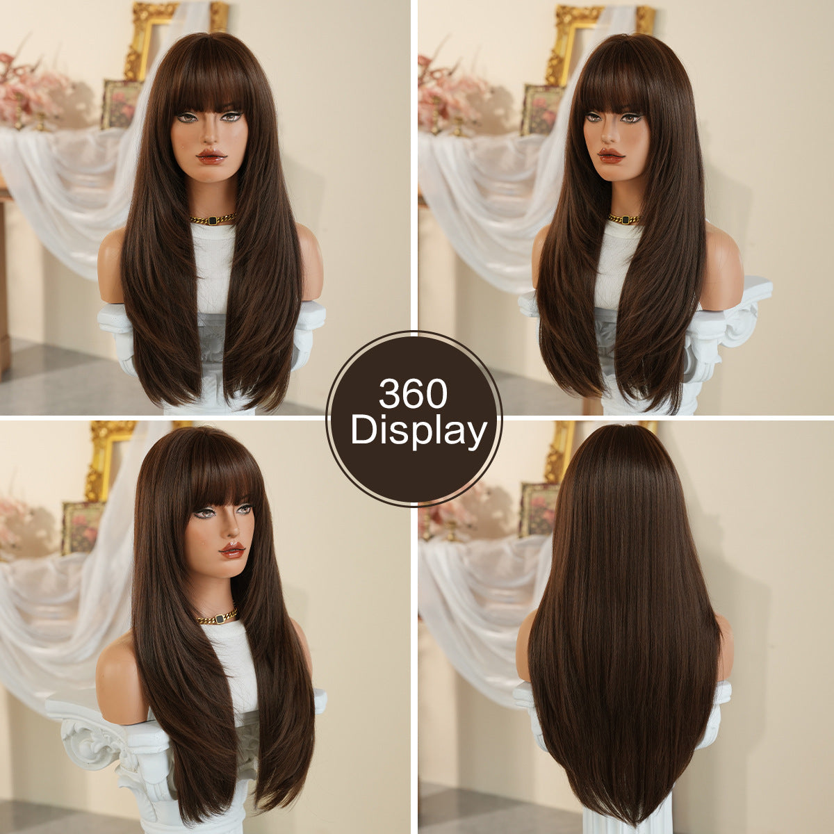 Gray Voluminous Long Straight Wig - Everyday Fashion (Layered Fluffy Bangs) (FEVERCOS)