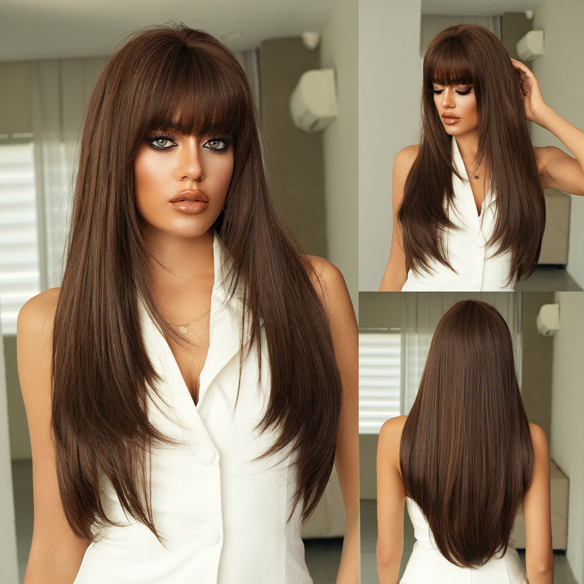 Dark Slate Gray Voluminous Long Straight Wig - Everyday Fashion (Layered Fluffy Bangs) (FEVERCOS)