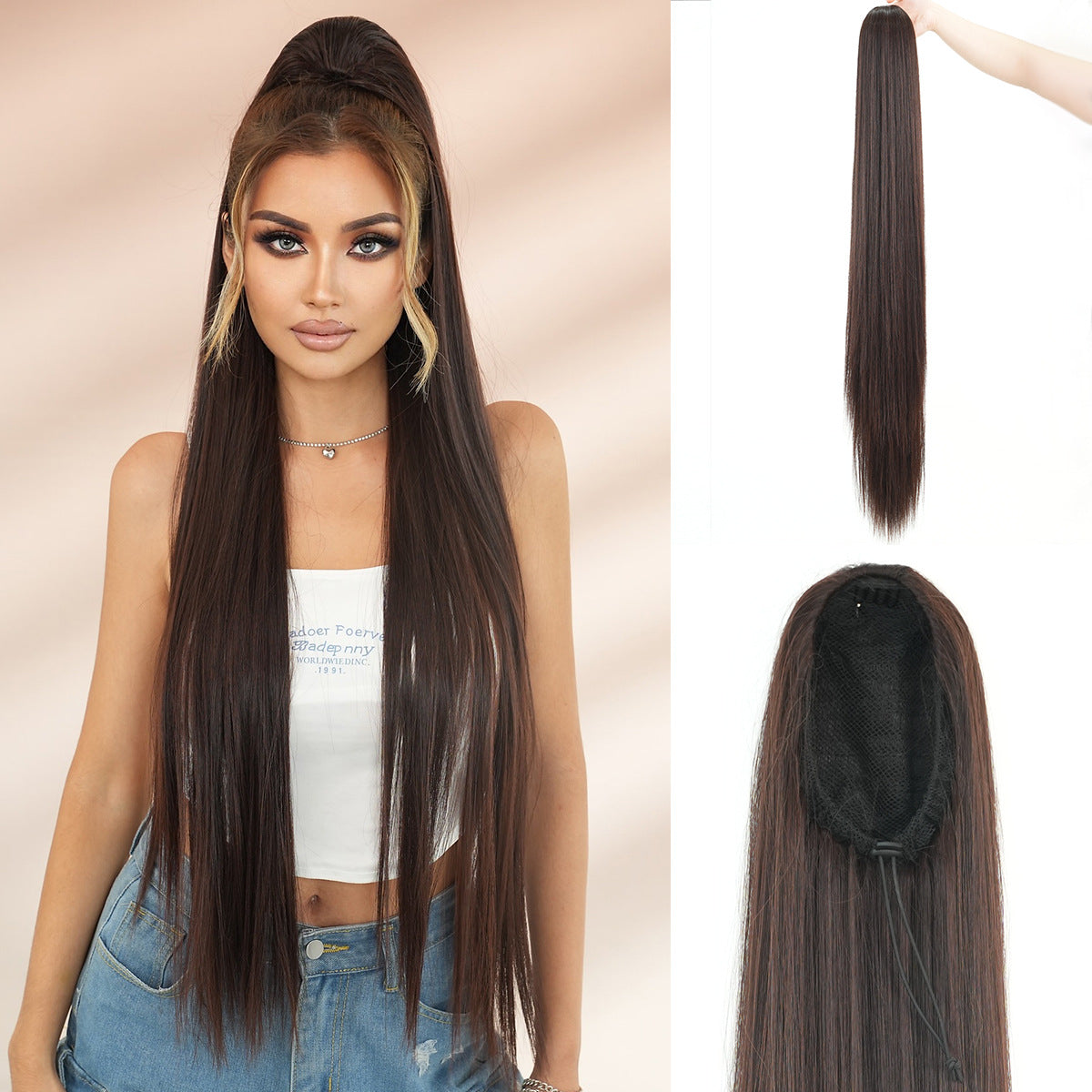 White Smoke 40-Inch Drawstring Ponytail - Accessory Collection (Ultra Long Straight Extension) (FEVERCOS)