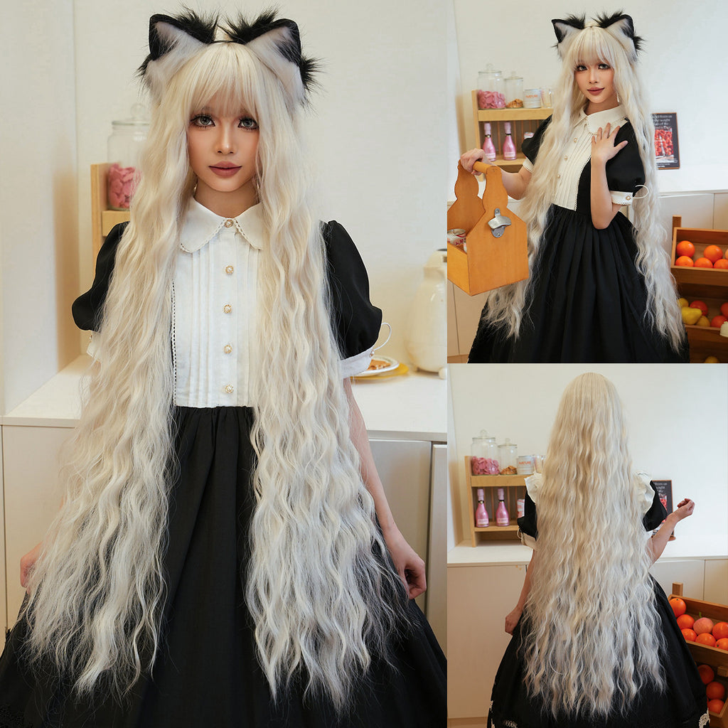 Gray Cute Light Blonde Wool Curl Wig - Lolita Fashion (Super Long Bangs) (FEVERCOS)