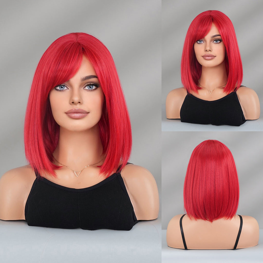 Dark Gray Red Bob Short Wig - Halloween Collection (Side Part Street Style) (FEVERCOS)