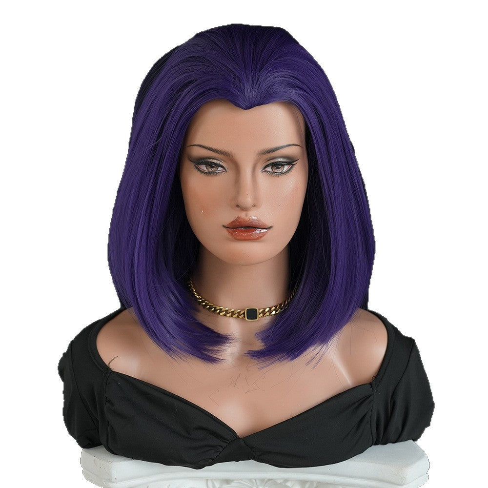 White Smoke Raven Cosplay Wig - Teen Titans (Purple Short Straight) (FEVERCOS)