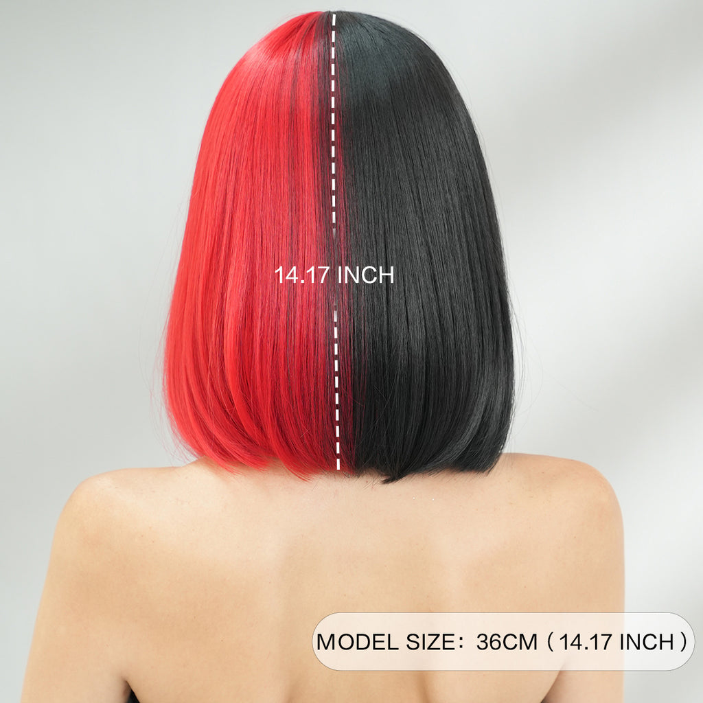 Light Gray Split Color Bob Wig - Halloween Collection (Half Black Red Bangs) (FEVERCOS)