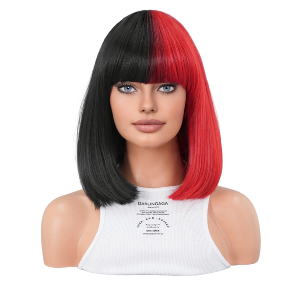 White Smoke Split Color Bob Wig - Halloween Collection (Half Black Red Bangs) (FEVERCOS)