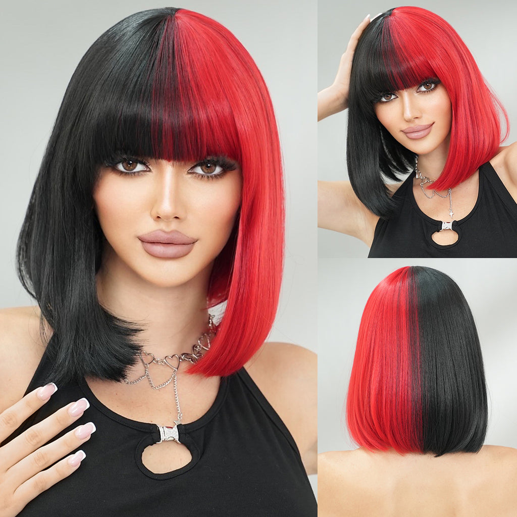 Dark Slate Gray Split Color Bob Wig - Halloween Collection (Half Black Red Bangs) (FEVERCOS)