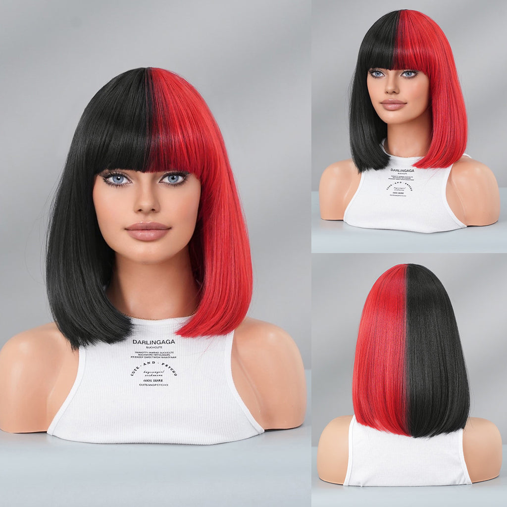 Gray Split Color Bob Wig - Halloween Collection (Half Black Red Bangs) (FEVERCOS)