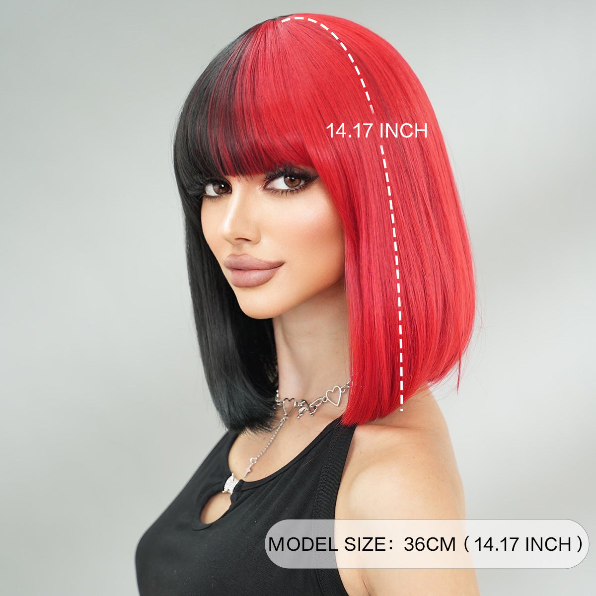 Light Gray Split Color Bob Wig - Halloween Collection (Half Black Red Bangs) (FEVERCOS)