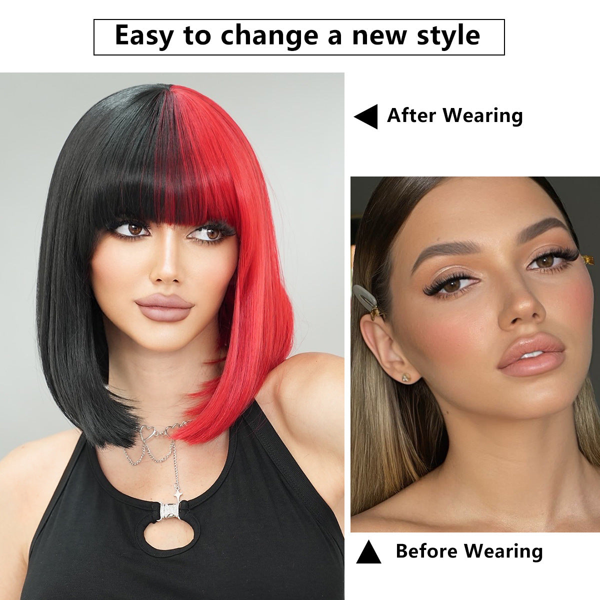 White Smoke Split Color Bob Wig - Halloween Collection (Half Black Red Bangs) (FEVERCOS)