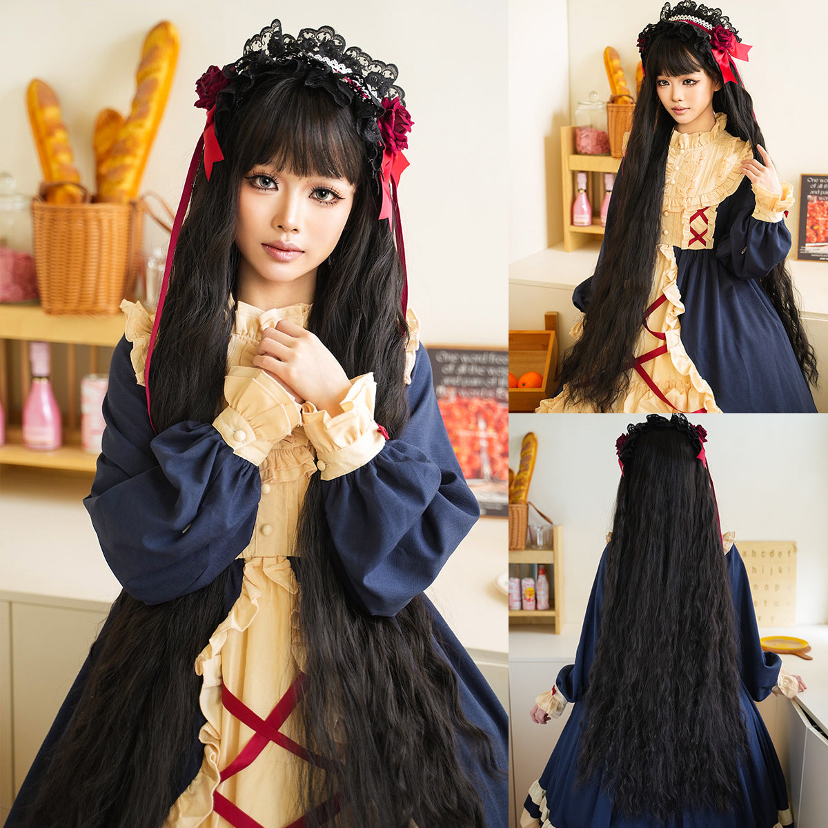 Black Cute Light Blonde Wool Curl Wig - Lolita Fashion (Super Long Bangs) (FEVERCOS)