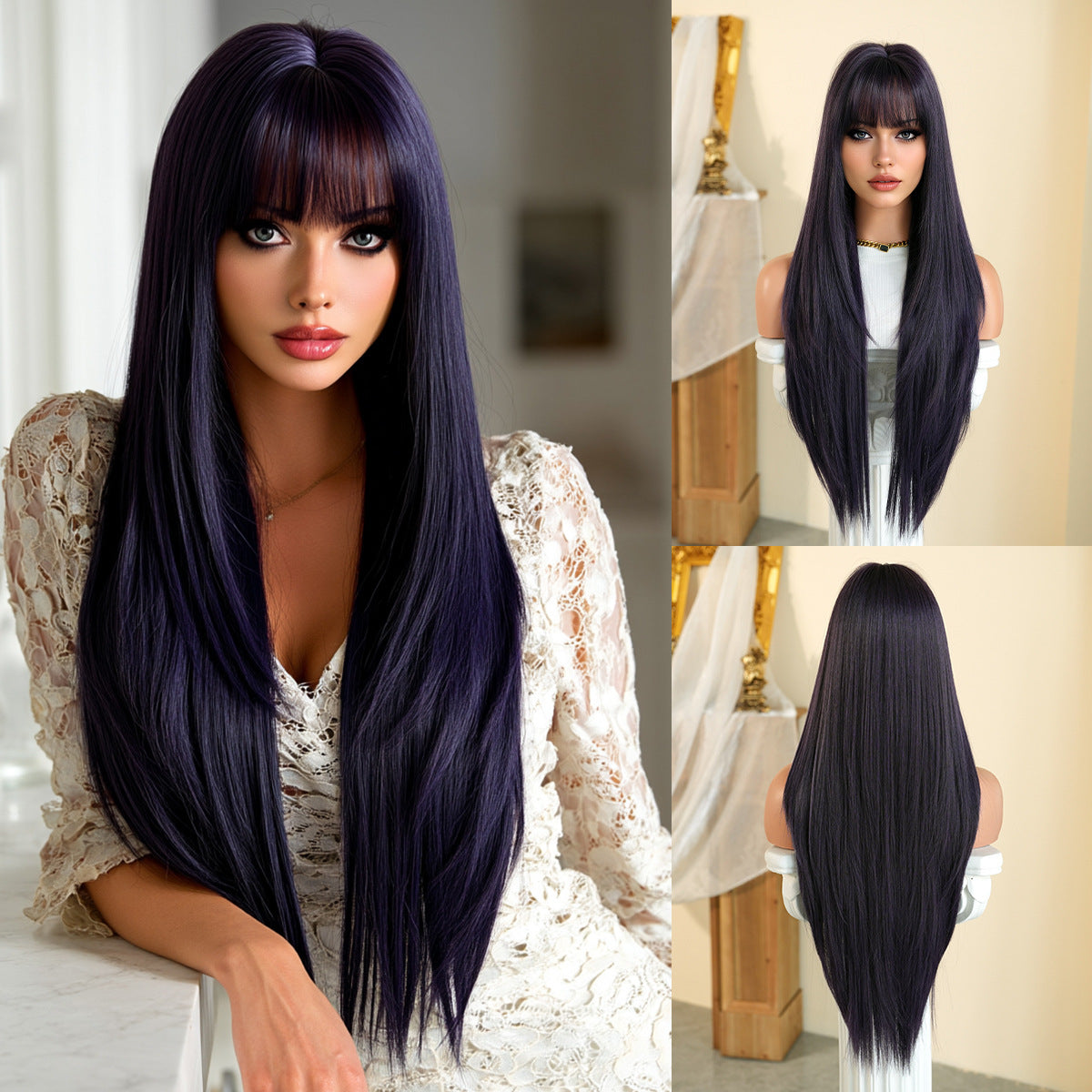Black Ultra Long Black Straight Wig - Everyday Fashion (Layered Cut Bangs) (FEVERCOS)