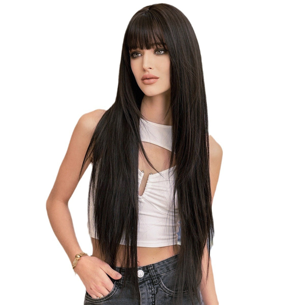 White Smoke Ultra Long Black Straight Wig - Everyday Fashion (Layered Cut Bangs) (FEVERCOS)